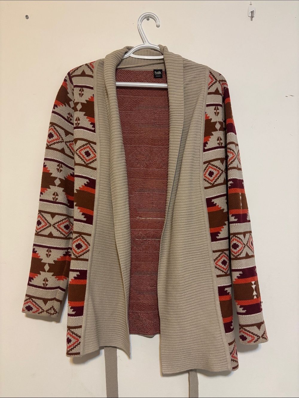 twik Beige Aztec-Pattern Open Cardigan with Rust & Burgundy Accents